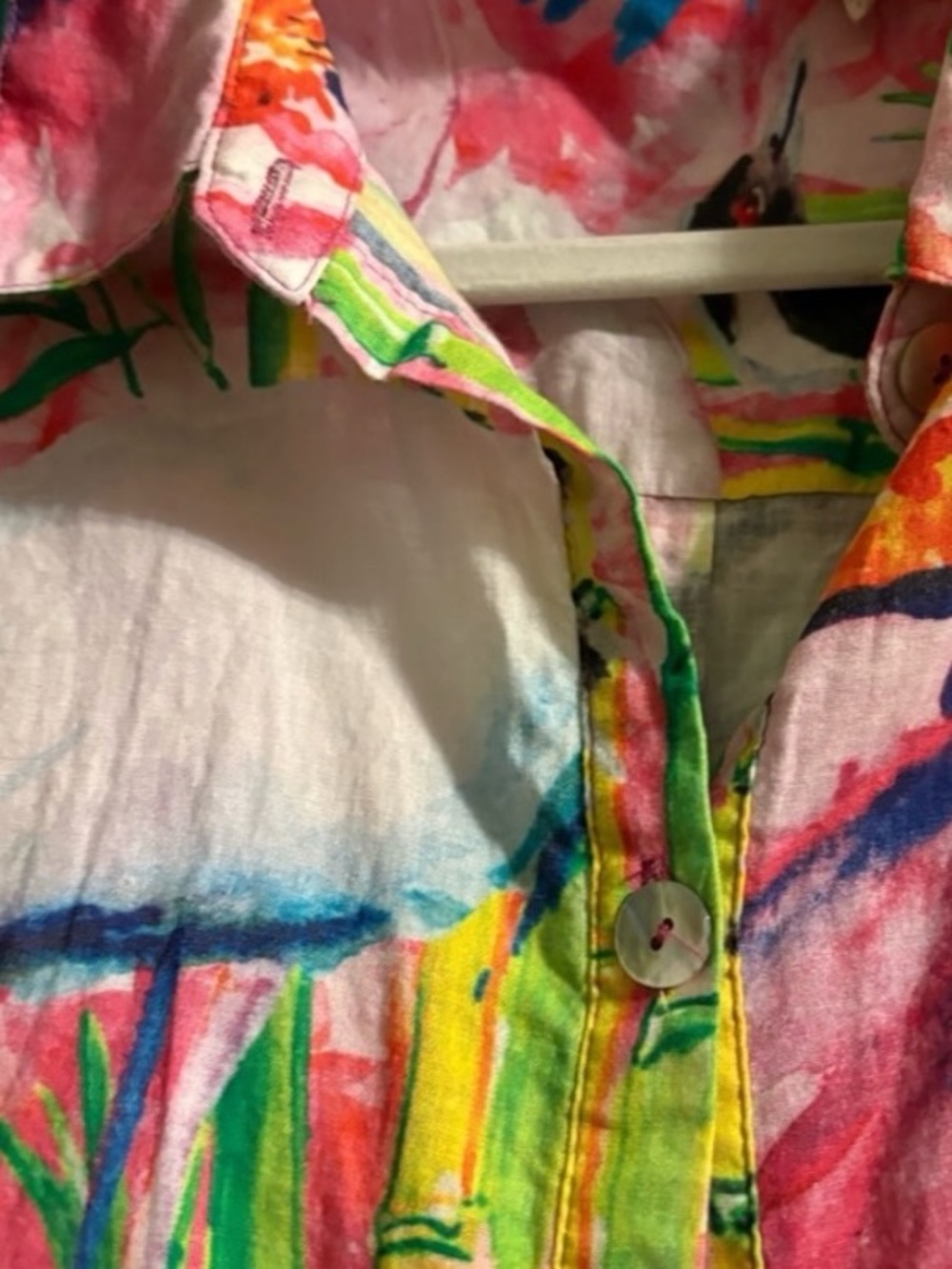 Soft Surroundings XL Tropical Bird Floral Button Front Roll Tab Blouse Colorful - Picture 6 of 13